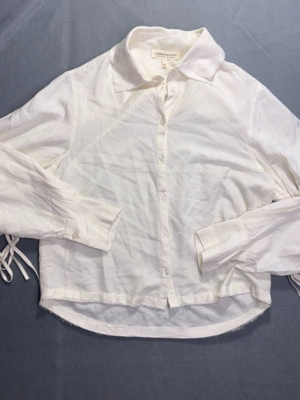 Current/Elliott White Collared Fringe Detail Blouse with Ties True Hemp Boho S